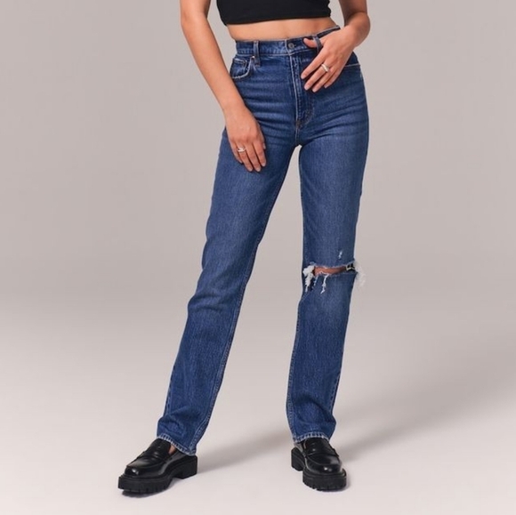 Abercrombie & Fitch Blue 90s Ultra High Rise Distressed Straight Leg Jeans - Picture 1 of 8